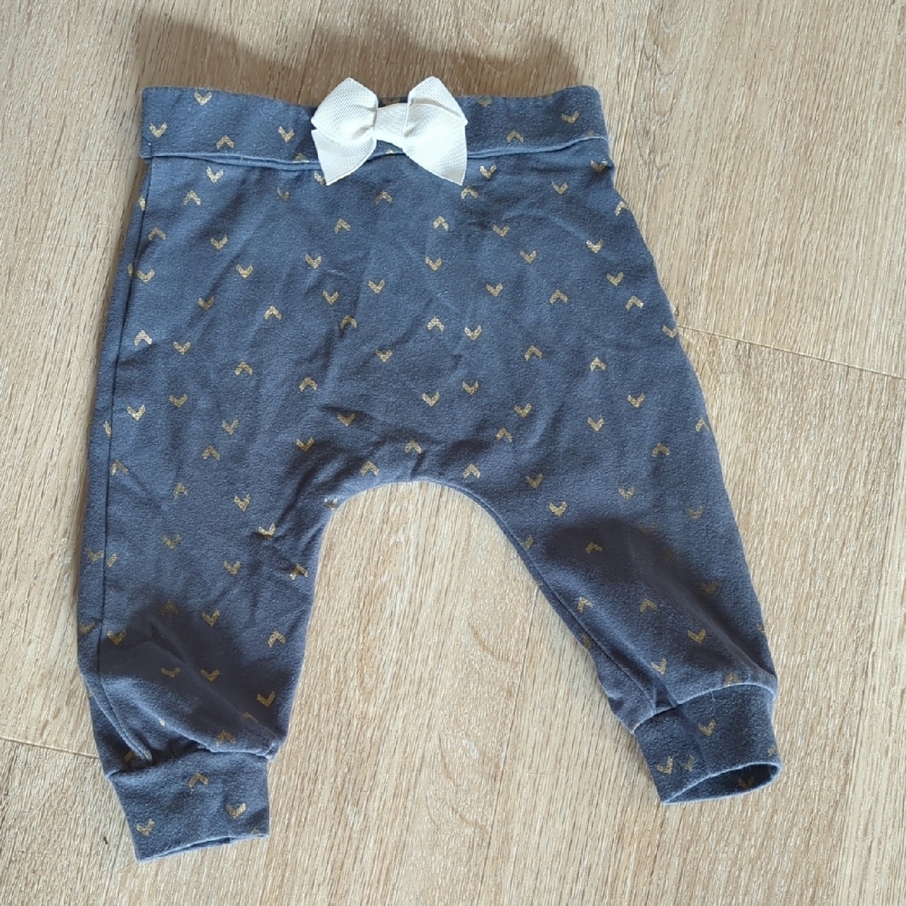 Gray Baby Pants with Gold Accents and White Bow 3-6 Months